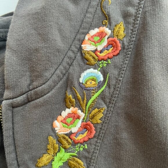 Anthropologie Saturday Sunday Hoodie M Gray Brown Floral Embroidered Boho Cotton - Picture 7 of 10